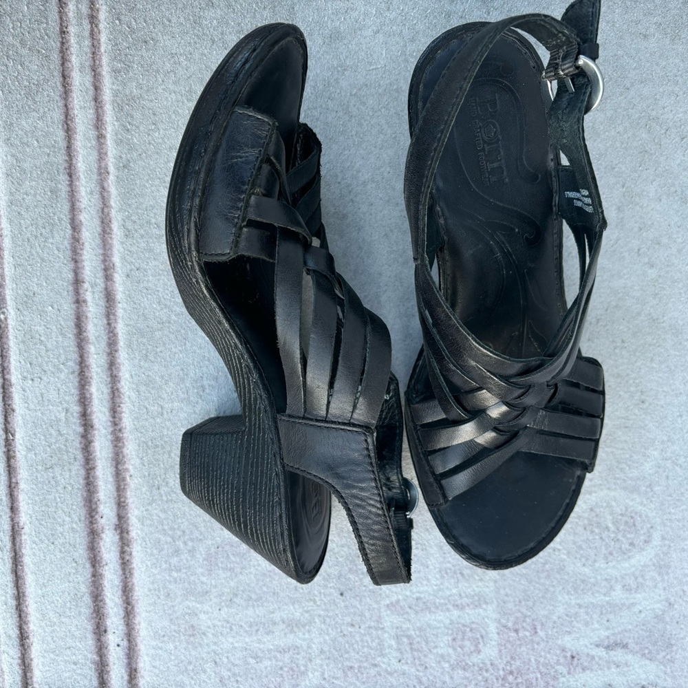 Born sandals leather sz 8 ankle buckle strap 2.5" heel black crisscross straps - Picture 4 of 8